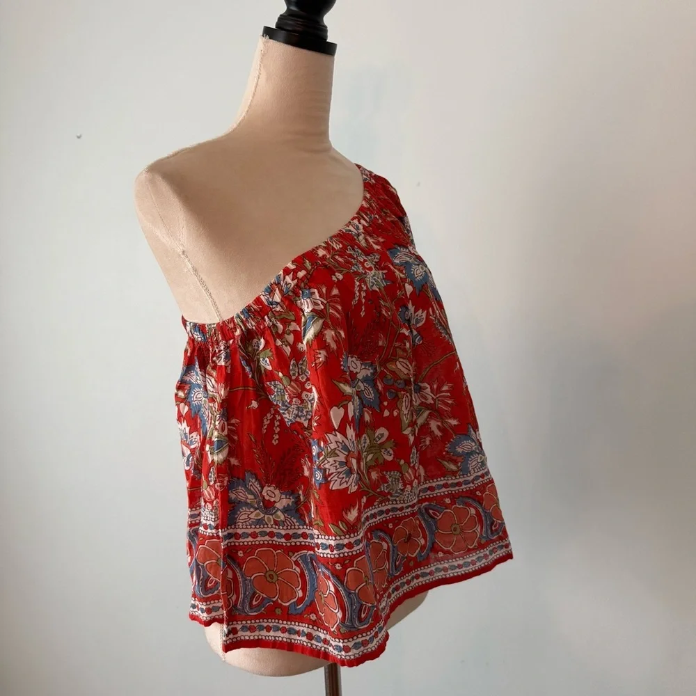❤️ Velvet by Graham & Spencer One Shoulder Boho Floral Blouse Red Cotton Top XS - Picture 5 of 11